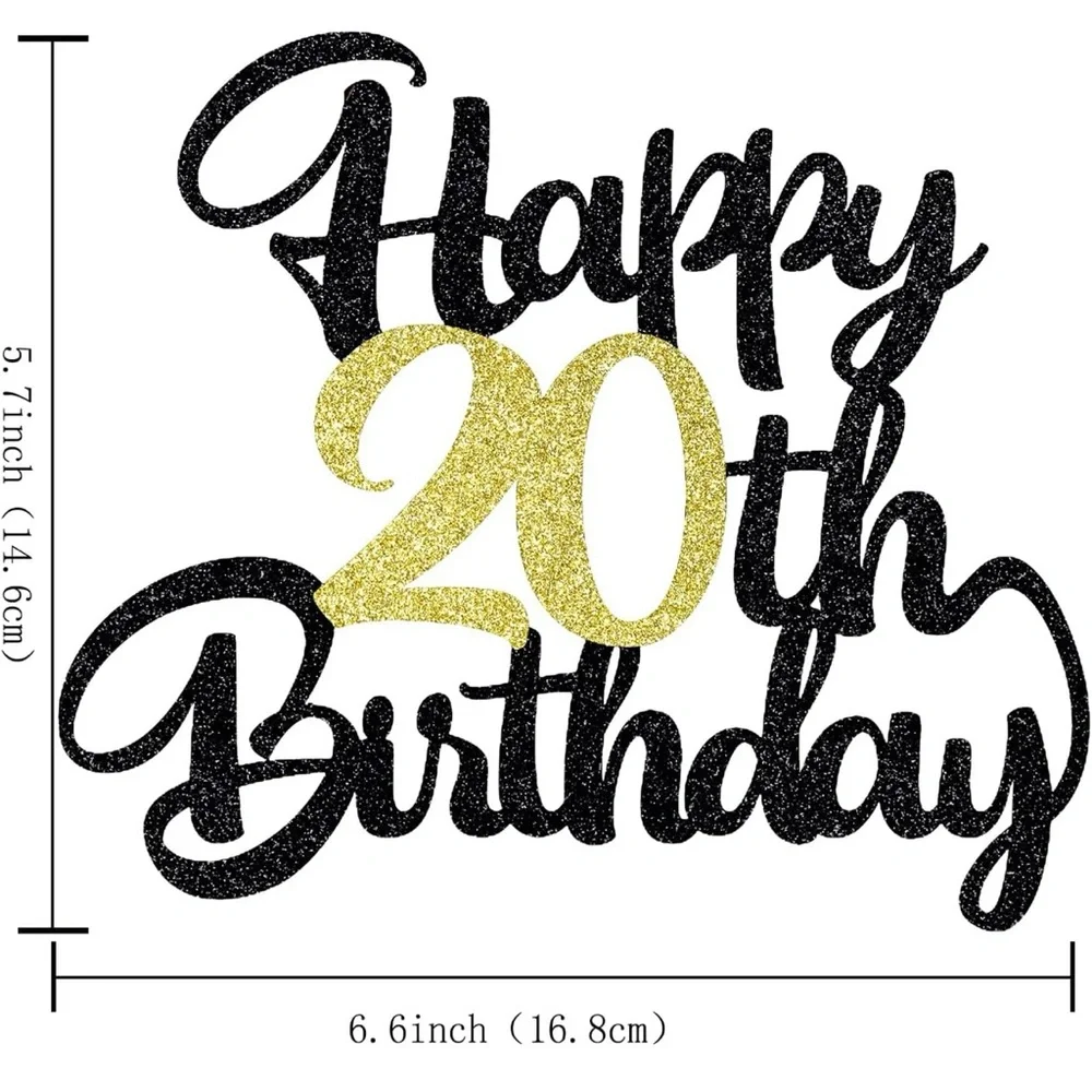 Klionjor 1 PC Happy 20th Birthday Cake Topper Black Gold Glitter Cheers to 20 Yr